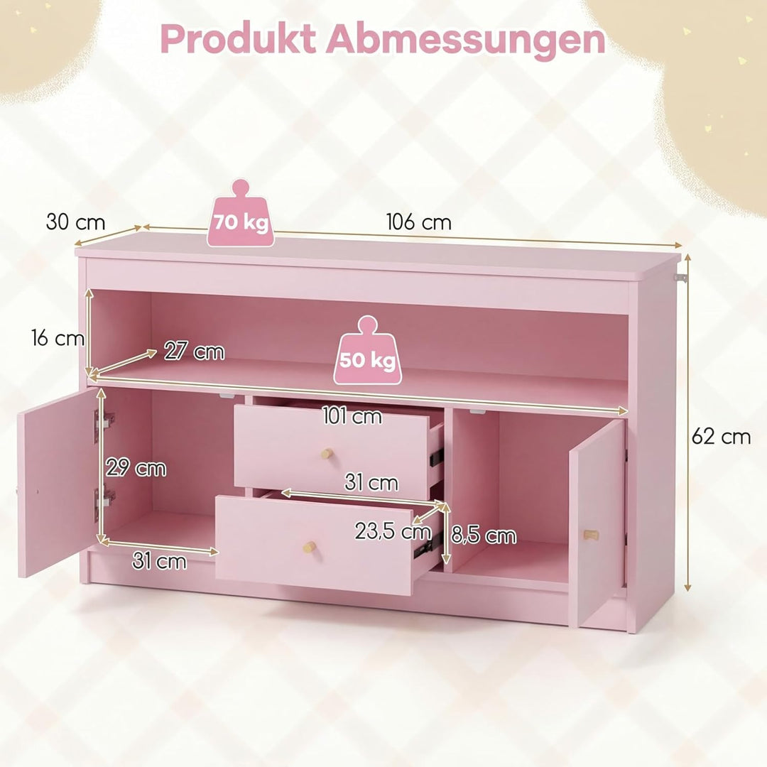 COSTWAY Spielzeugschrank Kinder, Kinderregal aus Holz, Kinderschrank mit 2 Schubladen & 2 Türen, Spi
