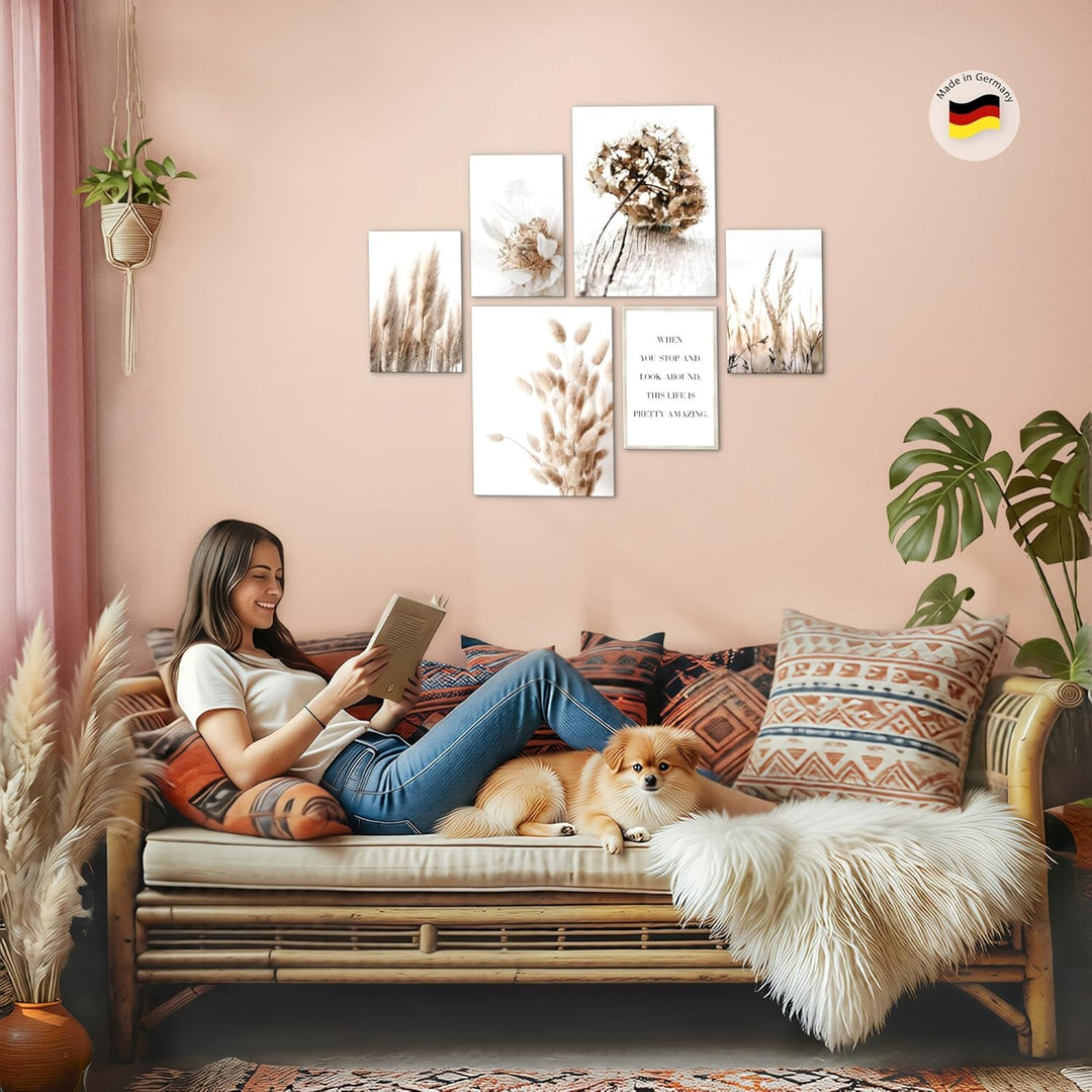 Novart Bilder Set - AUFHÄNGFERTIG - KEIN EXTRA RAHMEN BENÖTIGT - Boho Modern Beige - Wohnzimmer Schl