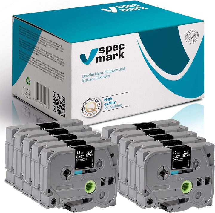 specmark Schriftband TZe-334 12mm x 8m Satz x 10 St. Gold auf Schwarz Band kompatibel mit allen Druc