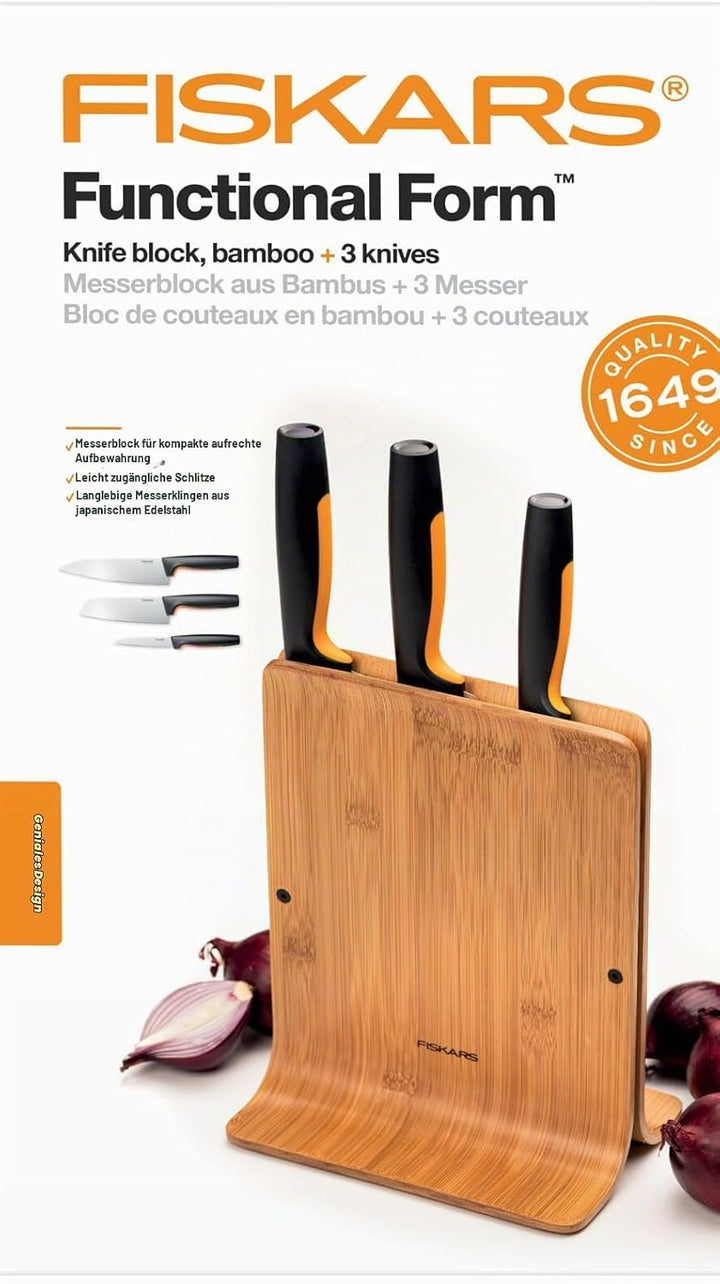 Fiskars Bambus Design-Messerblock mit 3 Messern, Functional Form, Inklusive Gemüsemesser, Santoku Ko