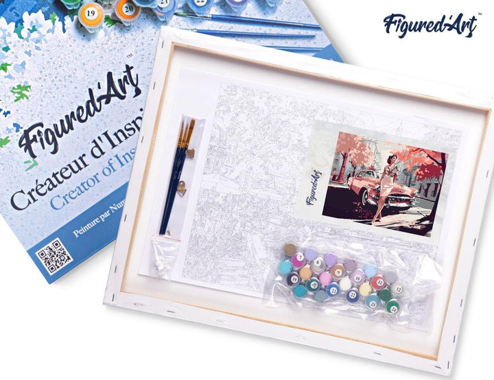 Figured'Art Malen Nach Zahlen Erwachsene Mit Rahmen Dame mit Rosa Oldtimer - Paint by Numbers Bastel