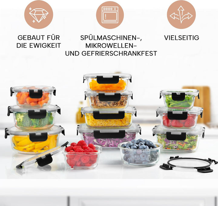 Zulay 12er-Set Glas-Frischhaltedosen für Meal Prep, Tupperdosen Set aus Glas mit luftdichten Deckeln
