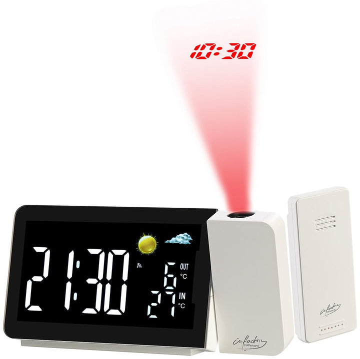 infactory Projektions Funkwecker: Funk-Wetterstation mit Projektionswecker, Aussensensor, USB-Port,