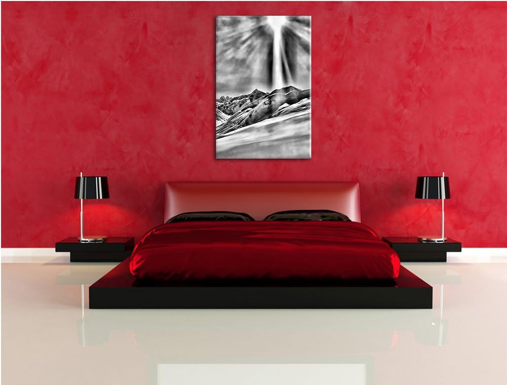 Monocrome, Schnee Berge, Format: 100x70 auf Leinwand, XXL riesige Bilder fertig gerahmt mit Keilrahm