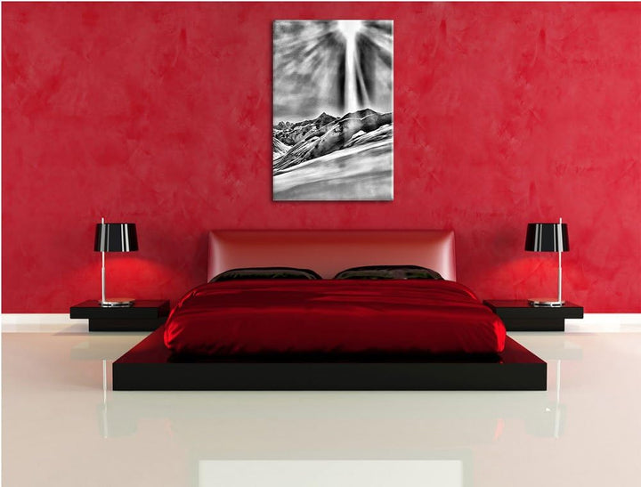 Monocrome, Schnee Berge, Format: 100x70 auf Leinwand, XXL riesige Bilder fertig gerahmt mit Keilrahm
