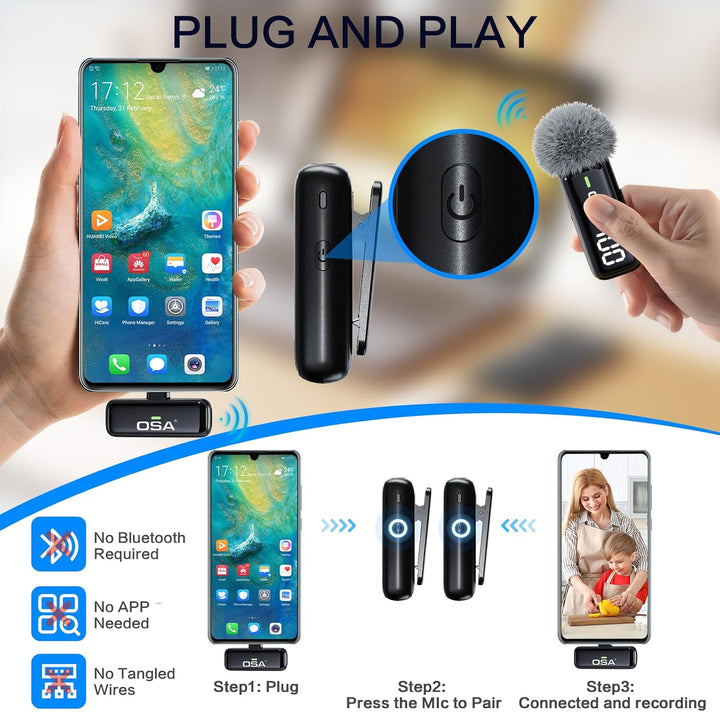 OSA Lavalier Mikrofon Kabellos Handy für iPhone, Professionelles Wireless Mikrofon Plug-Play Kabello