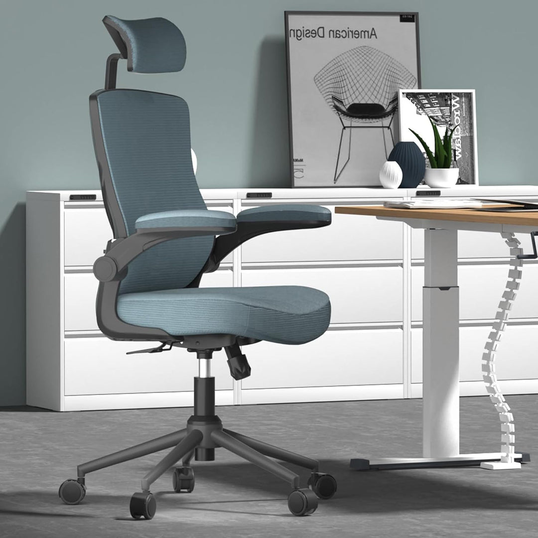 CYKOV Bürostuhl Ergonomisch, PC Stuhl mit Verstellbarer Kopfstütze &amp; Klappbaren Armlehnen, Schreibti