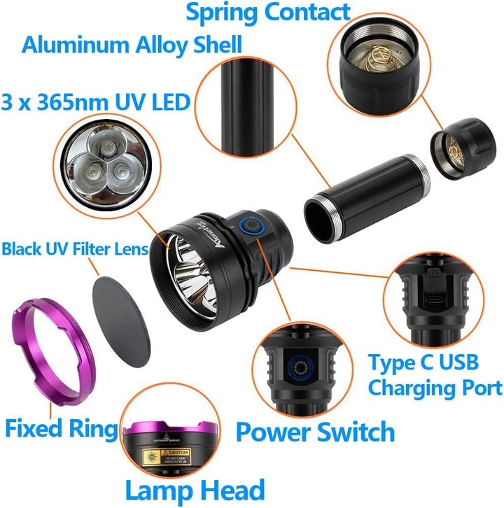 Alonefire SV83 20W 365nm UV Taschenlampe USB Aufladbar Schwarzlicht Haustierurin Detektor Geld-Detek