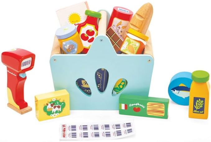 Le Toy Van - TV326 - Einkaufskorb- und Scanner-Lernspiel aus Holz, für Kinder ab 2 Jahren, 13 Zubehö