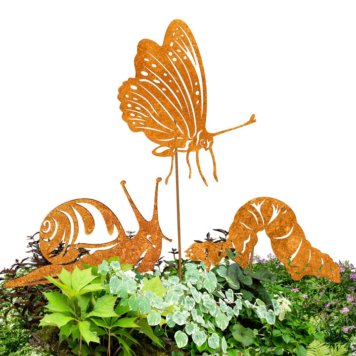 Terma Stahldesign Gartenstecker Set Schnecke Schmetterling Raupe – Rostfiguren aus Metall 22 cm brei