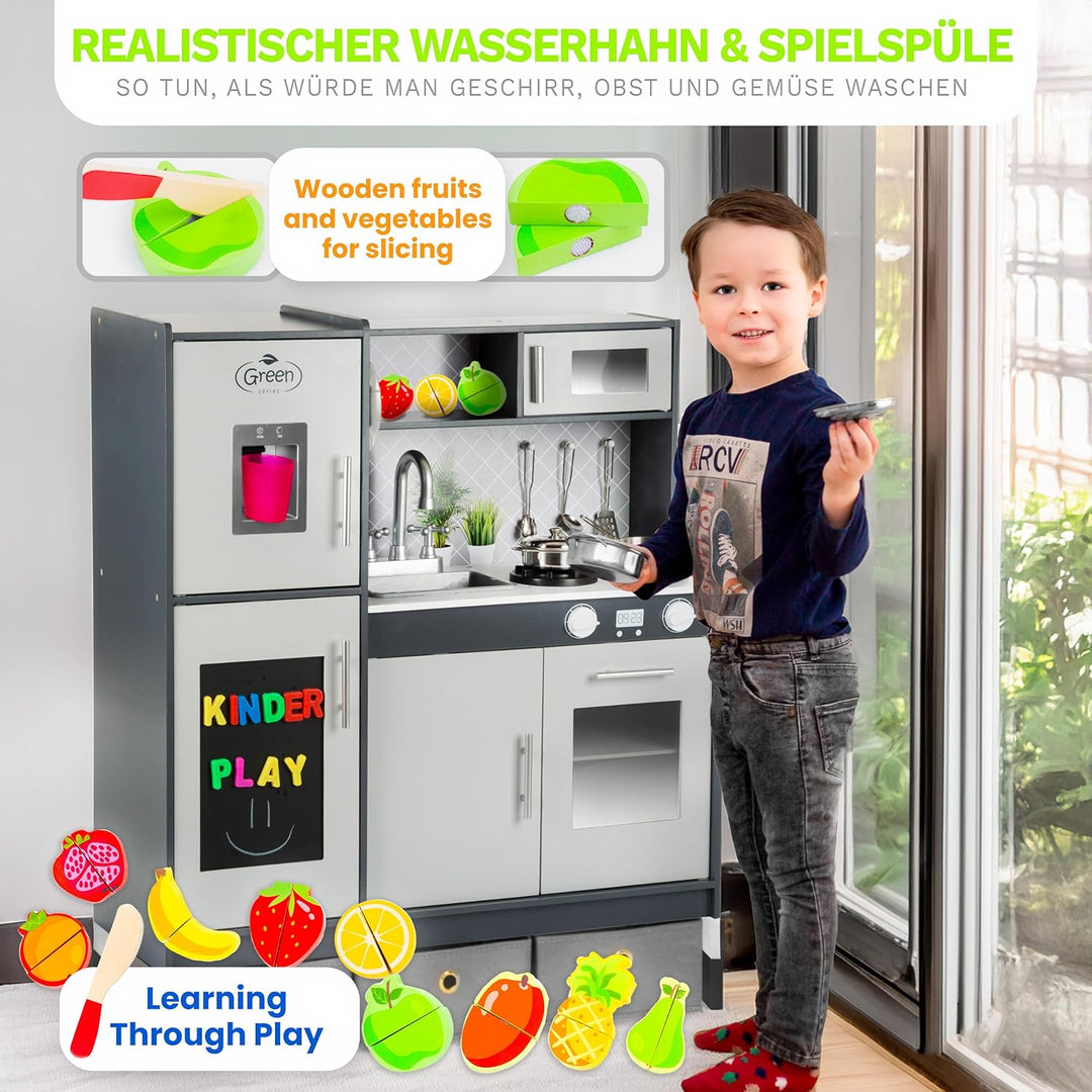 Green series Grosse Spielküche Holz - Graue Kinderküche Holz, Kinder küche mit Licht und Sound, Spie