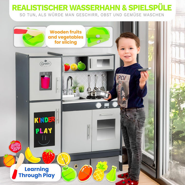 Green series Grosse Spielküche Holz - Graue Kinderküche Holz, Kinder küche mit Licht und Sound, Spie