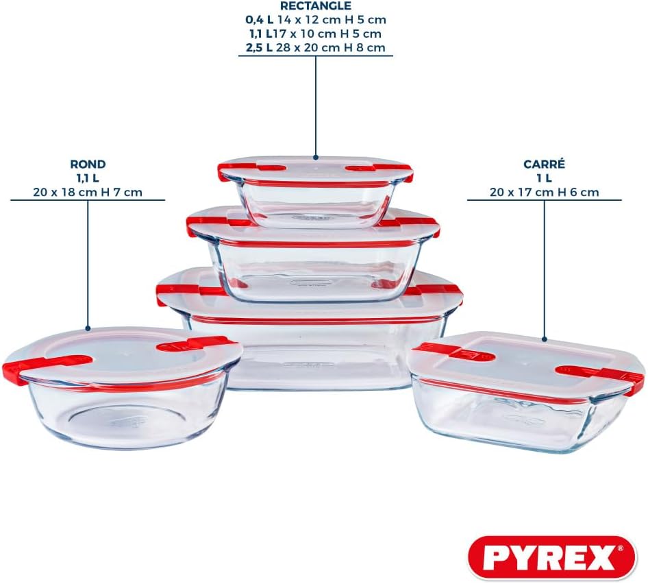 Pyrex® - Cook & Heat - 5 Stück Glasschalen mit luftdichten Deckeln, mikrowellengeeignet, BPA-frei