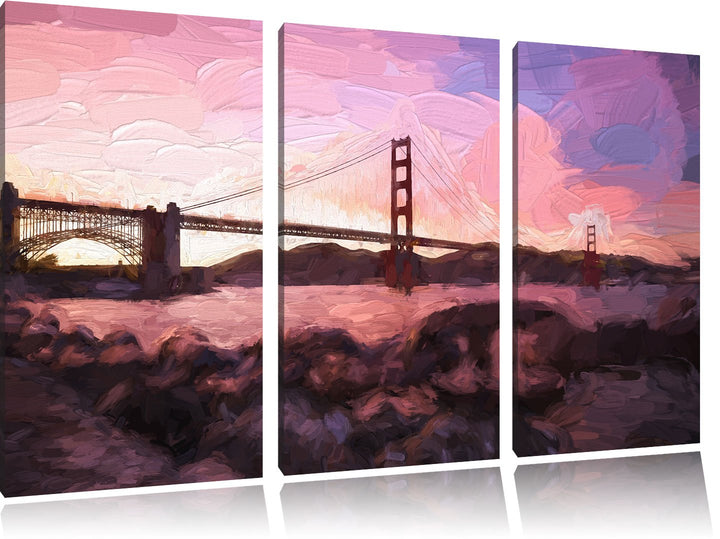 Pixxprint Golden Gate Bridge / 3-Teilig/Gesamtmass 120cm Leinwandbild bespannt auf Holzrahmen/Wandbi