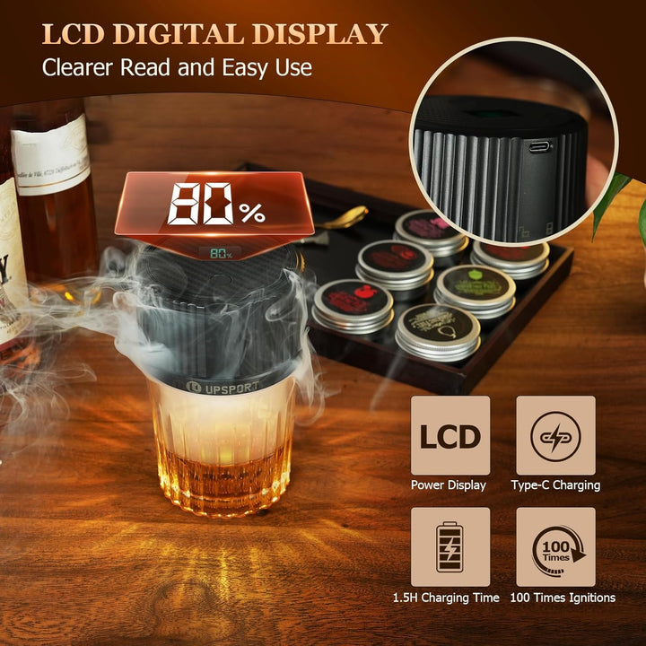 Elektrisches Cocktail Smoker Kit mit 4 Lichtmodi, wiederaufladbarer Whisky Räucher Set, 6 Holzspäne,
