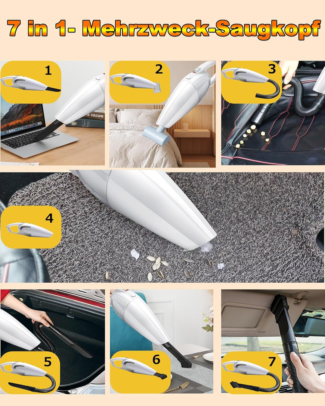 16000Pa Akku Handstaubsauger Beutellos Testsieger, Nass/Trocken, 120W Autostaubsauger Kabellos für A