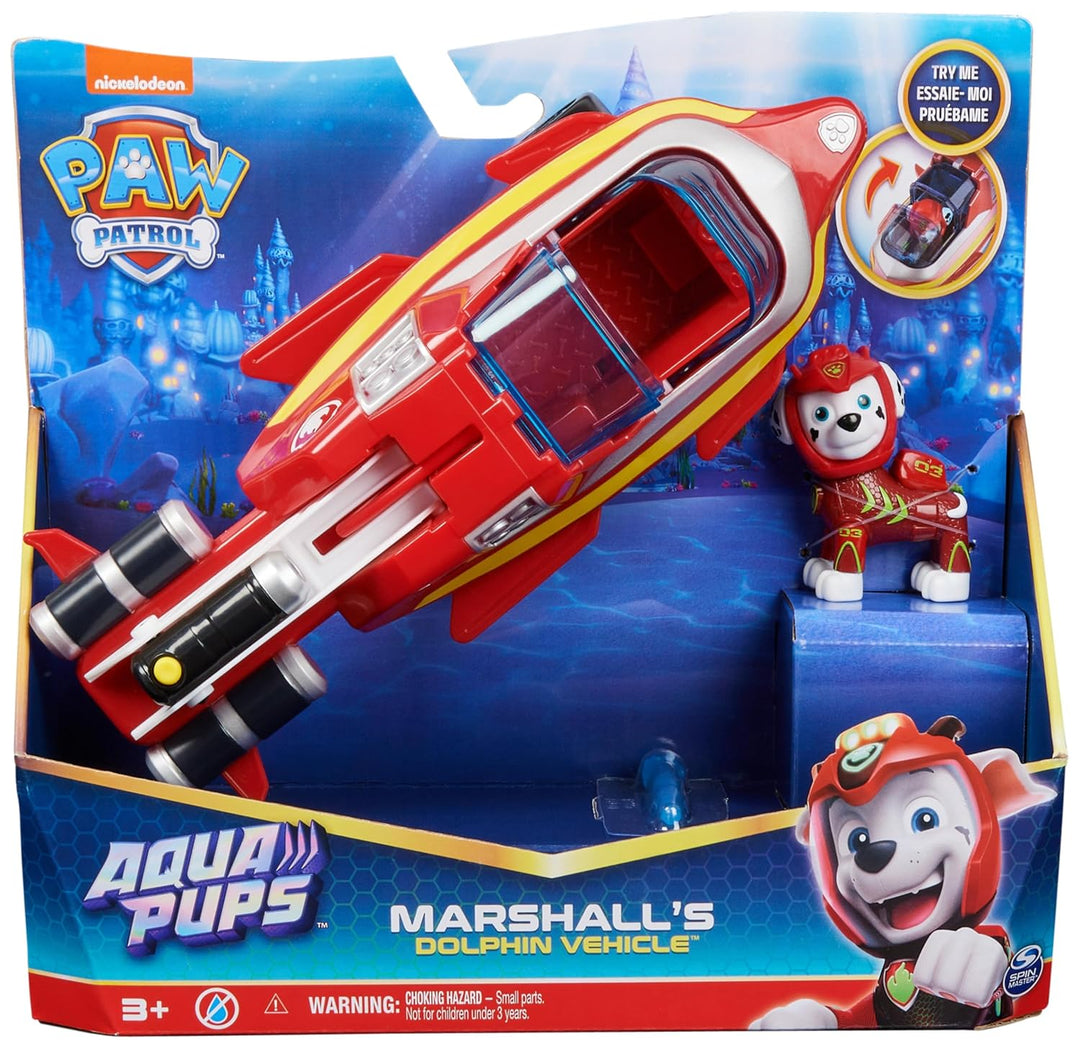 PAW PATROL, Aqua Pups - Basis Fahrzeug Spielzeugauto im Delfin-Design mit Marshall Welpenfigur, Spie