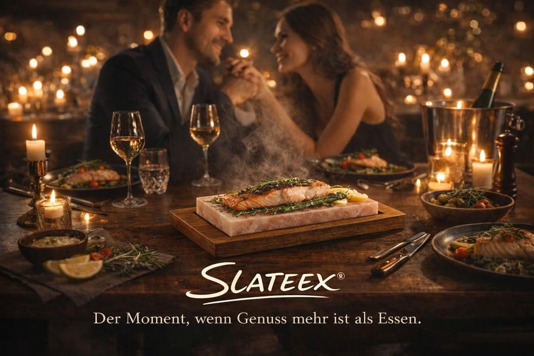 Salzstein Grillstein 20 × 10 × 5 cm mit Holzbrett – Natürlicher Salzstein zum Grillen, Garen & Servi