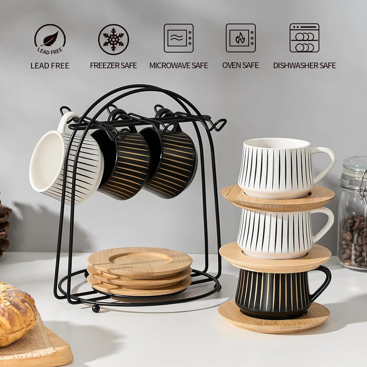 PORCER Set mit 6 Keramik-Kaffeetassen 130 ml (4,4 oz) mit Holzuntertasse und schwarzem Metallständer