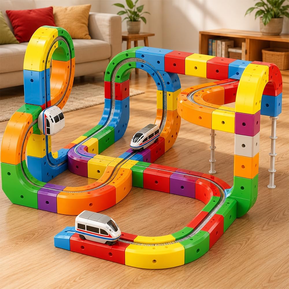 Cube Track, 81 Stück DIY Clickrail Electric Train Set, Magnitrack mit Schwerkraftdefying 3D-Layouts,