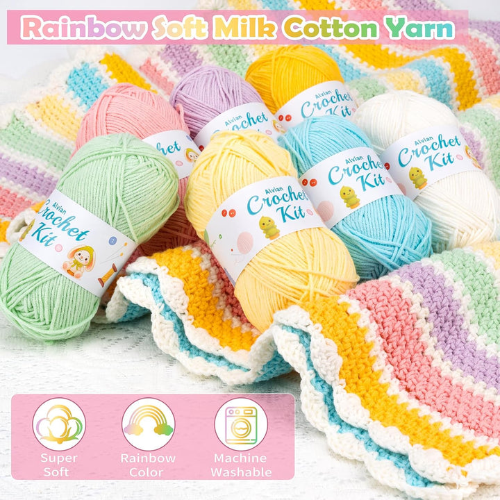 Alvian Häkelset für Anfänger, Regenbogen-Decke, Häkeln, DIY-Strick-Starter-Set, enthält Garn, Metall