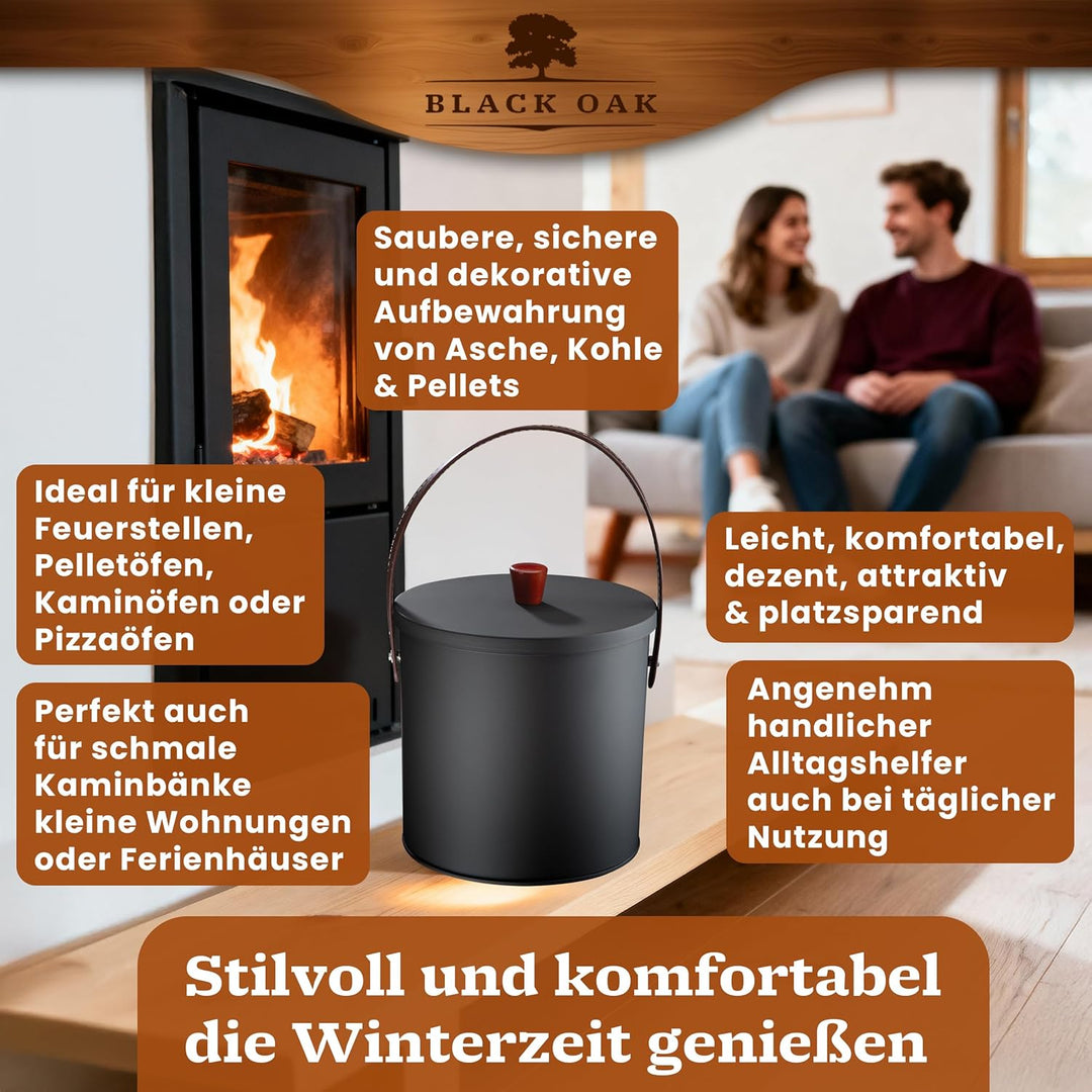 BLACK OAK Ascheeimer TOBA 5L - schwarz mit Deckel & Leder-Griff + Handschuhen - 5L Stahl feuerfest v