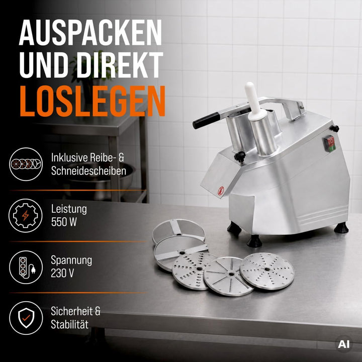 GastroHero Gemüseschneider I Elektrischer Gemüseschneider I 300 kg/h Leistung I 5 Scheiben Ø 2-7 mm