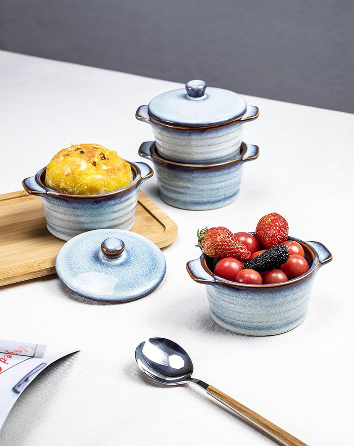 Mini Cocotte Porzellan, Keramik Auflaufform mit Deckel Ofenfest 4 Stück - 230 ml, Creme Brulee Schäl