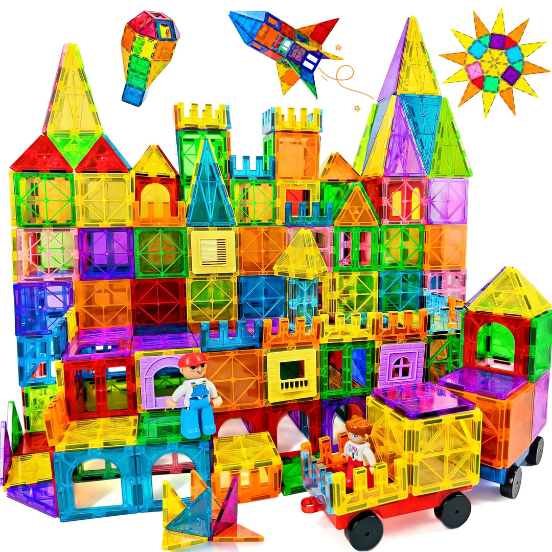 120pcs Magnetische Bausteine Spielzeug mit 2 Magnetfiguren und 2 Autos, Magnetbausteine für 3 4 5 6