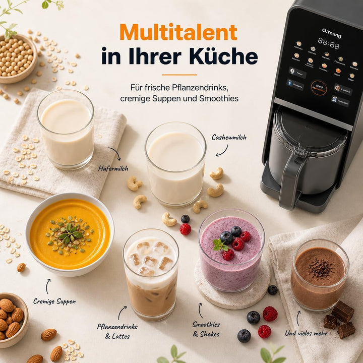 O.Young selbstreinigender Pflanzenmilch-Maker 1,2L Nussmilchmaschine mit Heissdampf-Selbstreinigung,