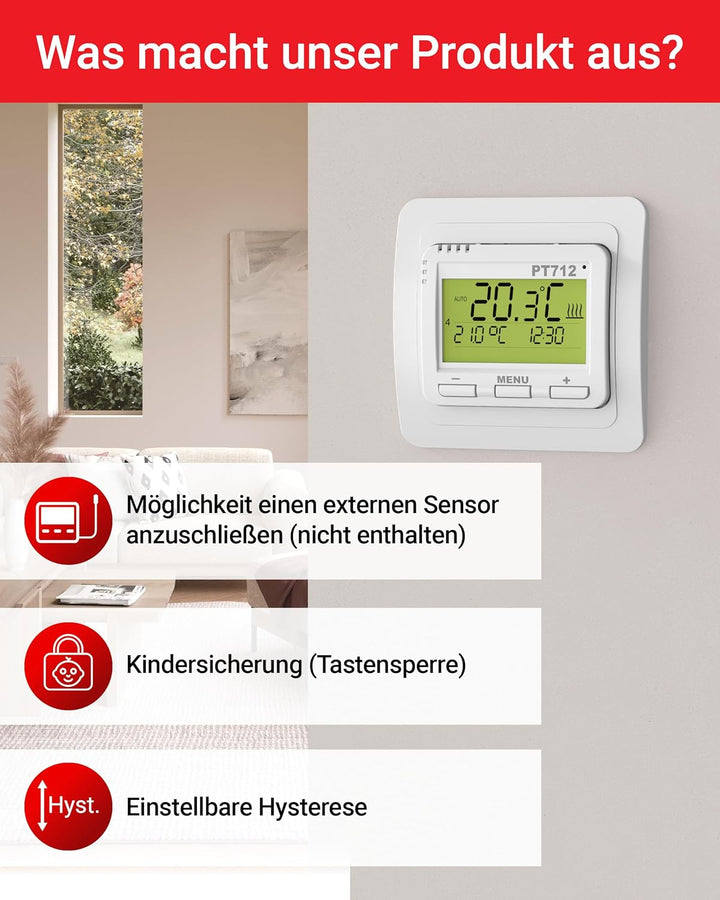 Elektrobock Digitaler Raumthermostat für Fussbodenheizung, PT712, 80 x 80 x 40 mm