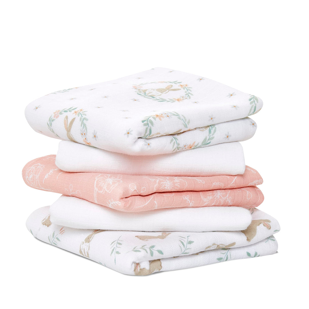aden + anais™ Essentials Baumwoll-Musselin-Spucktücher Blushing Bunnies in 5er-Packung, Blushing Bun