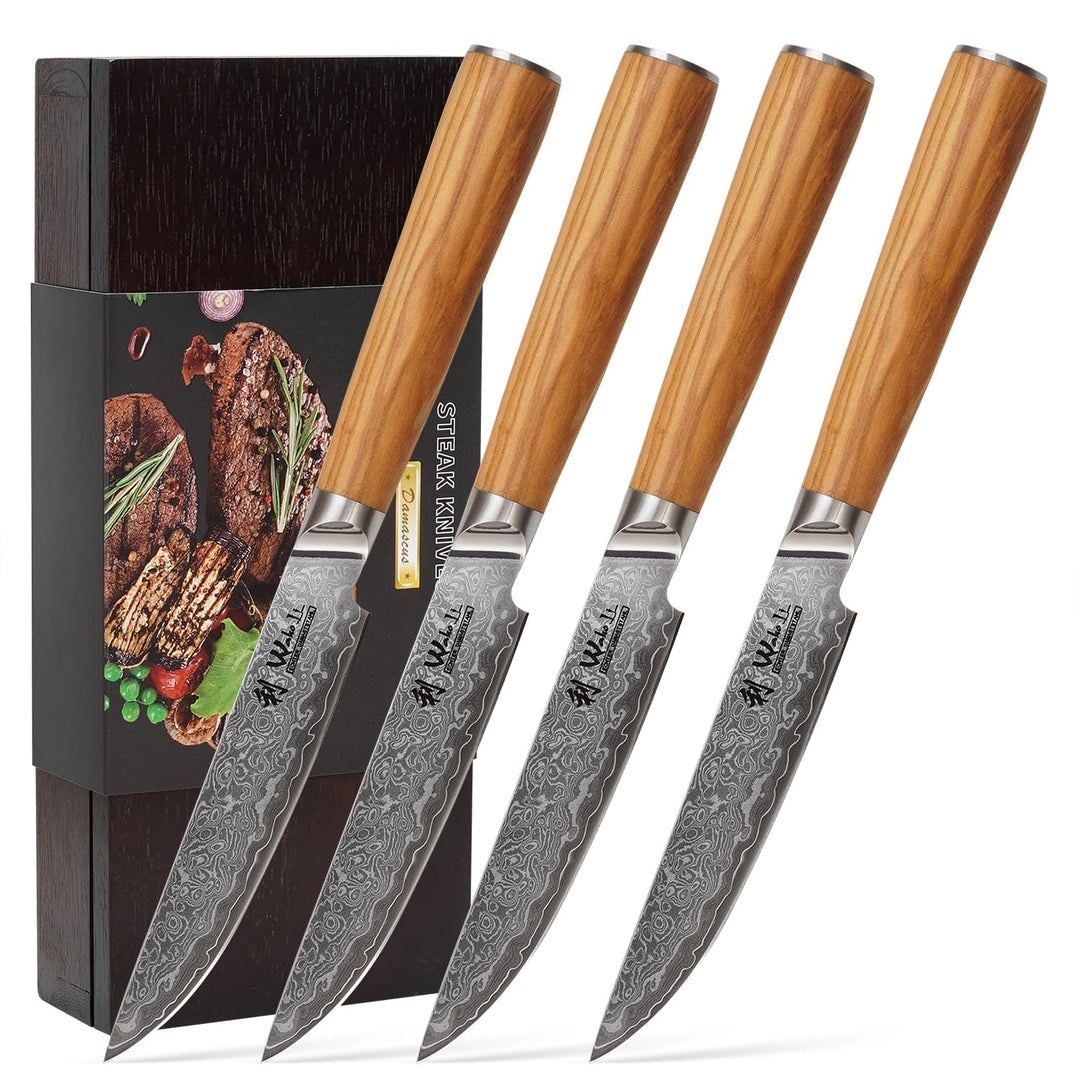 Wakoli Oribu 4er Damast Steakmesser-Set mit 12,50 cm Klingen gefertigt aus 67 Lagen Damaststahl mit