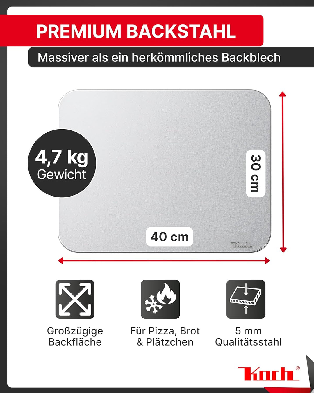 Koch Backstahl - 40 x 30 cm - Massiver Pizzastahl aus 5mm Qualitätsstahl - Für Backofen & Grill - Sc