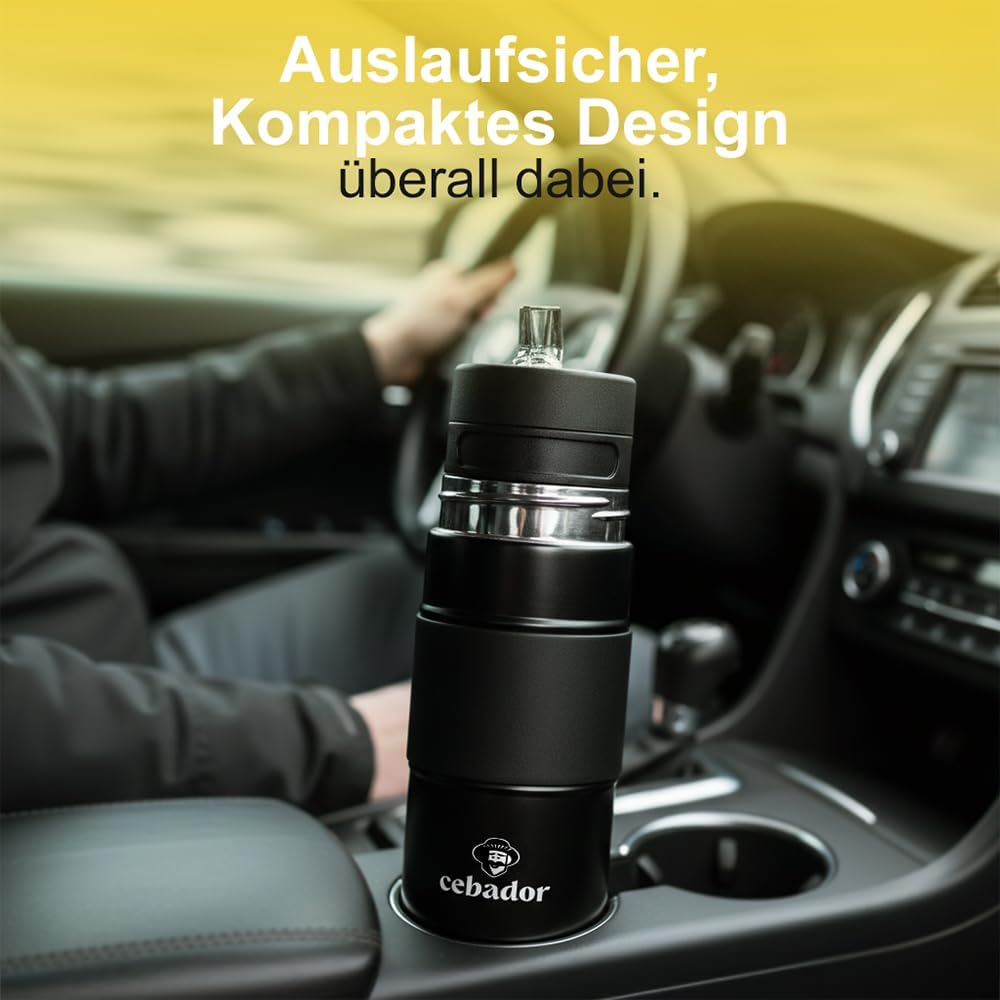 Mate Tee Thermosflasche Yerbomos X 3in1 450ml Schwarz - Thermobecher Bombilla und Behälter für Pulve