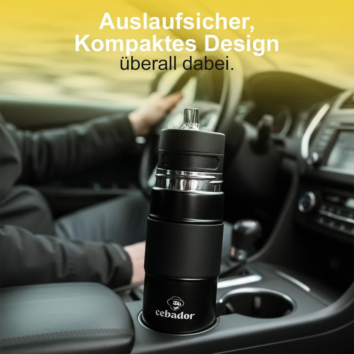 Mate Tee Thermosflasche Yerbomos X 3in1 450ml Schwarz - Thermobecher Bombilla und Behälter für Pulve