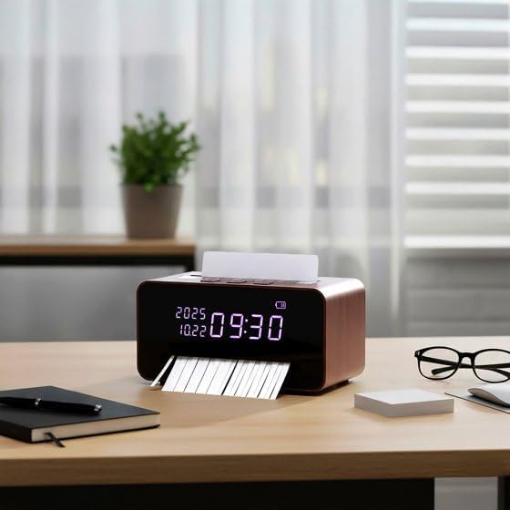 Tisch-Aktenvernichter mit Uhr – Kompakter Mini-Shredder P2, USB-Akku, Digitaluhr mit Datum, Streifen