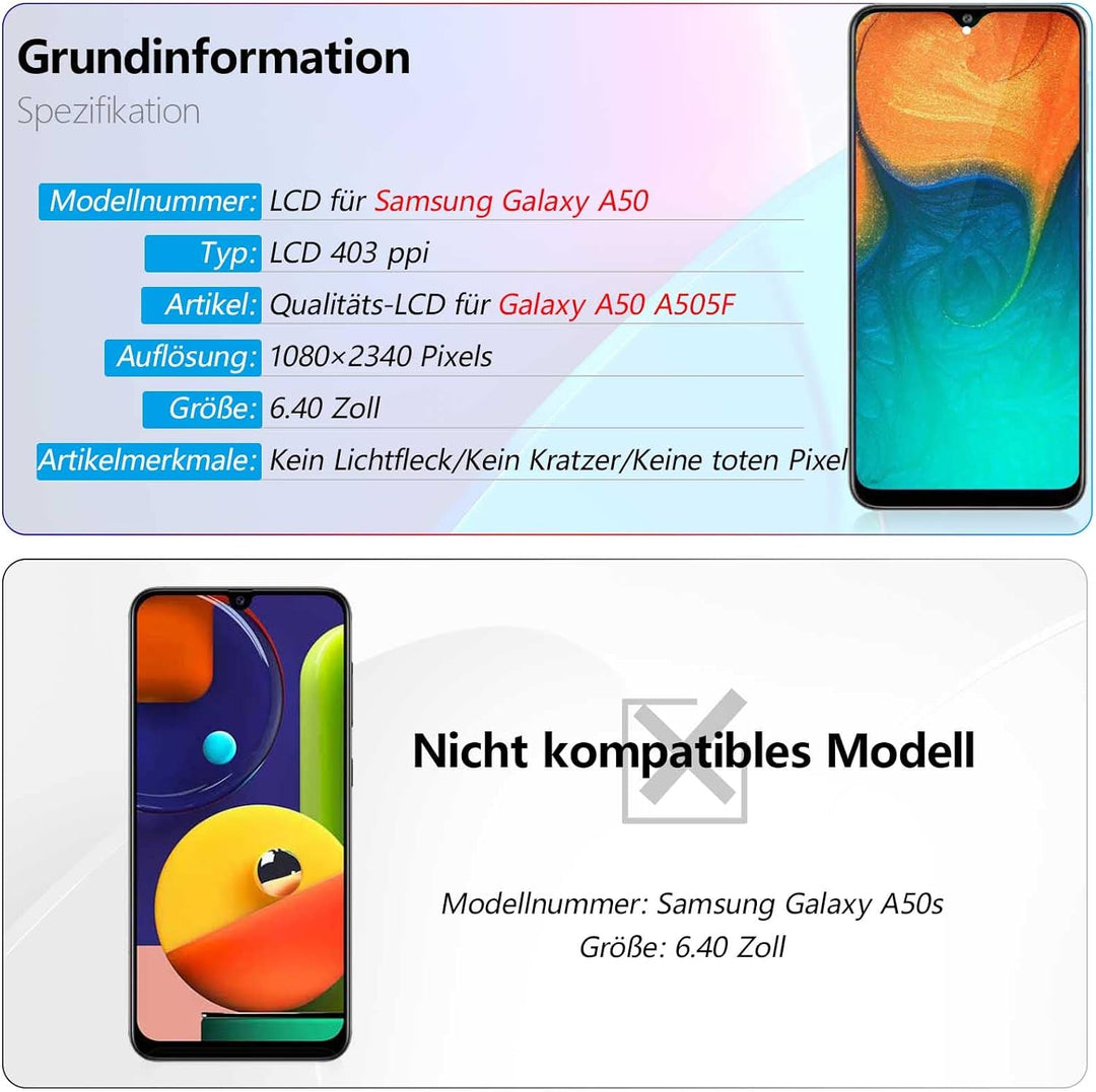 RongZy Kompatibel mit Samsung Galaxy A50 SM-A505FN/DS A505FD A505F A505A A505 Ersatz Bildschirm LCD