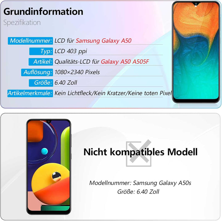 RongZy Kompatibel mit Samsung Galaxy A50 SM-A505FN/DS A505FD A505F A505A A505 Ersatz Bildschirm LCD