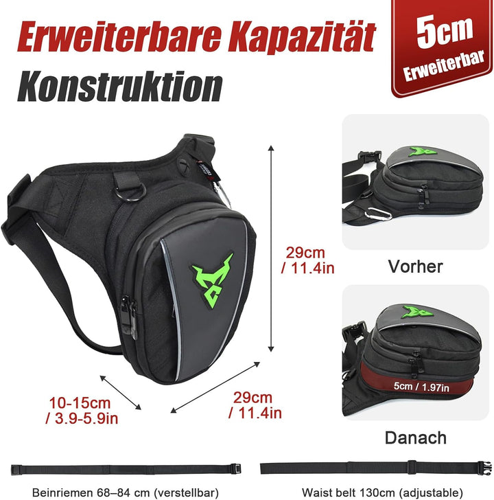 MIGHTYDUTY Motorrad Beintasche Herren Erweiterbar Oberschenkeltasche Hüfttaschen schwarz Gürteltasch