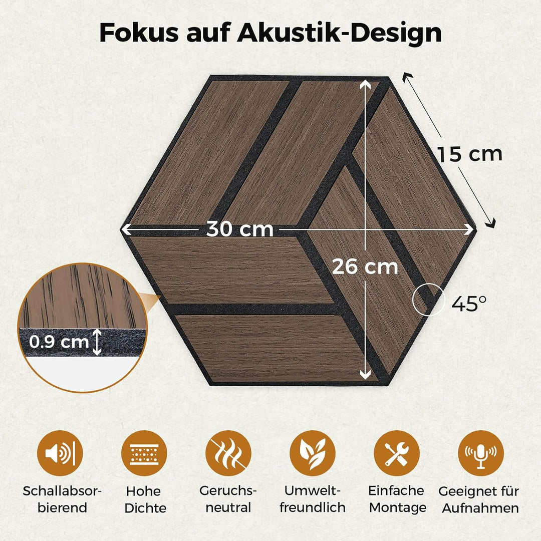 12 Stück Hexagon Akustikplatten Selbstklebend, 30 x 26 x 0,9 cm Hohe Dichte schallabsorber wand, Sch