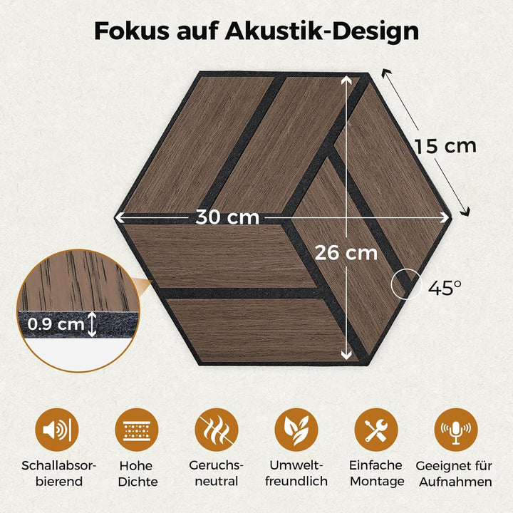 12 Stück Hexagon Akustikplatten Selbstklebend, 30 x 26 x 0,9 cm Hohe Dichte schallabsorber wand, Sch