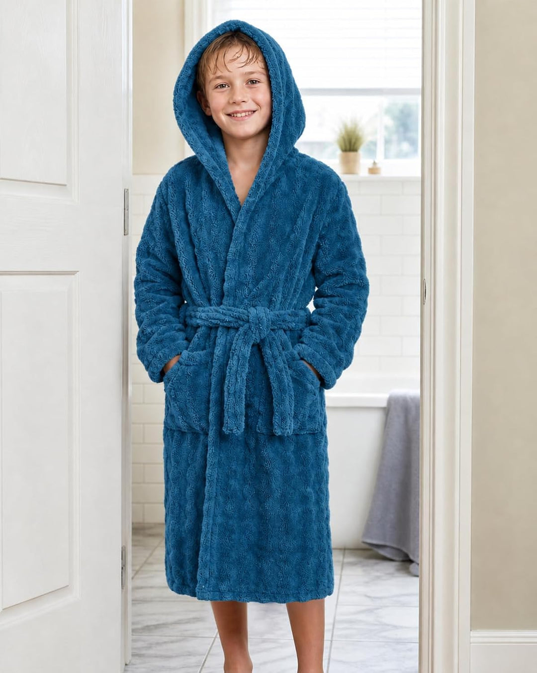 JiAmy Kinder Fleece Bademantel mit Kapuze 10-12 Jahre Marineblau, 10-12 Jahre Marineblau