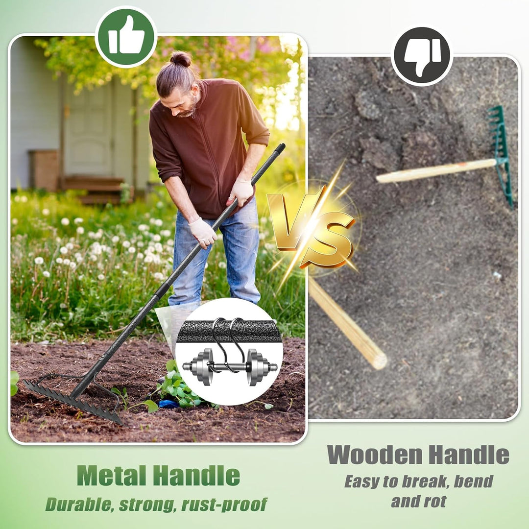 Gartenrechen mit 17 Zinken, Grossflächen Laubrechen mit breitem Kopf, Gartenharke Metall Schwerlast