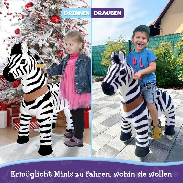 PonyCycle Zebra Reitpferd, für Kinder 3–4 Jahre, 76cm Hoch, Zebra Pferd auf Rollen mit Handbremse, P