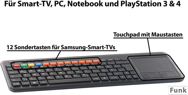 GeneralKeys Smart TV Tastatur: Funk-Tastatur m. Touchpad, für Smart-TVs von Samsung u.v.m., PC, PS3/