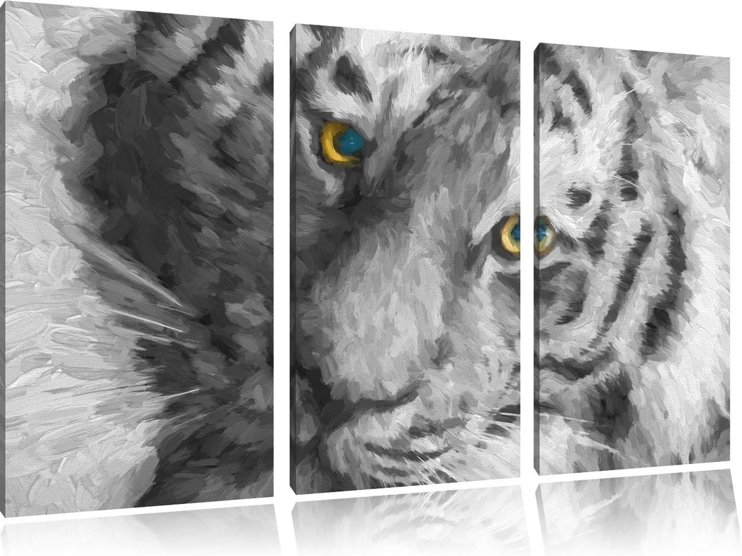 bildschöner Tiger schwarz/weiss Deluxe 3-Teiler Leinwandbild 120x80 Bild auf Leinwand, XXL riesige B