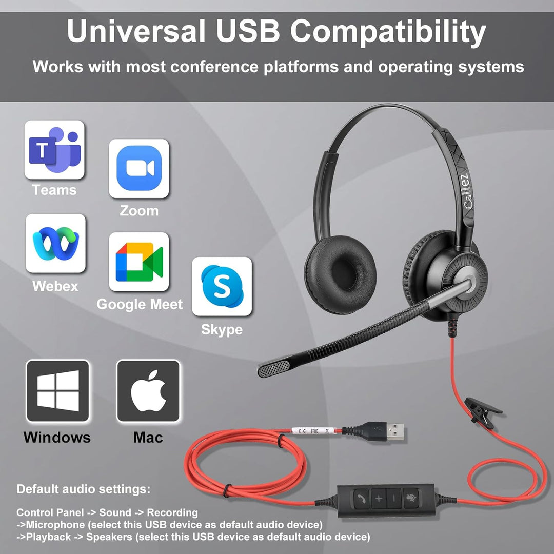 Callez USB PC Headset mit Mikrofon, Stereo Headset mit ENC 2 Noise Cancelling Mikrofon, Teams Anrufs