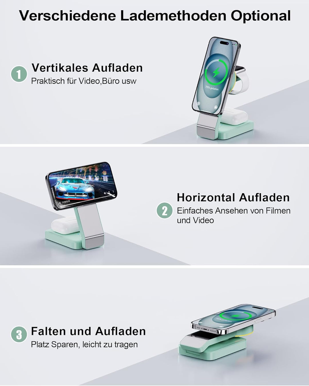 3 in 1 Faltbar Mag-Safe Ladegerät，Induktive Kabelloses Ladestation für 17/16/15/14/13/12/Pro Max/Min