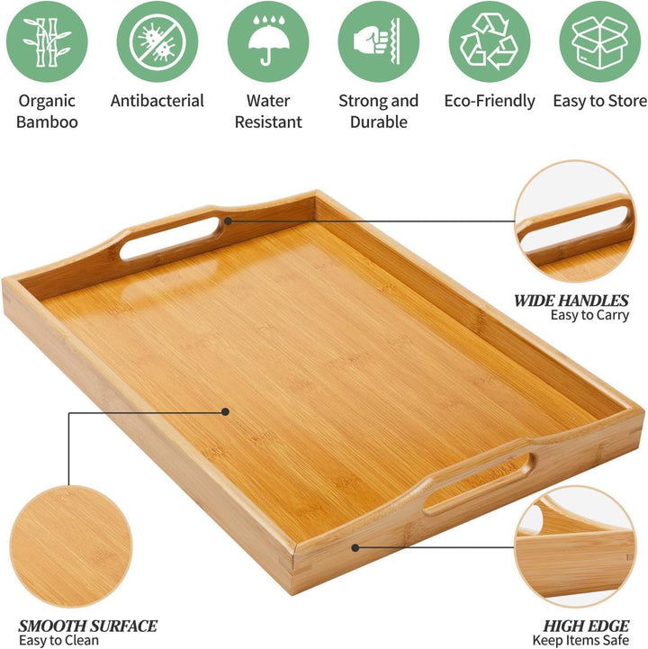 Superbe Grosse Bambus Serviertablett mit Griffen, Holz Tablett für Frühstück, Tee, Couchtisch, Dekor